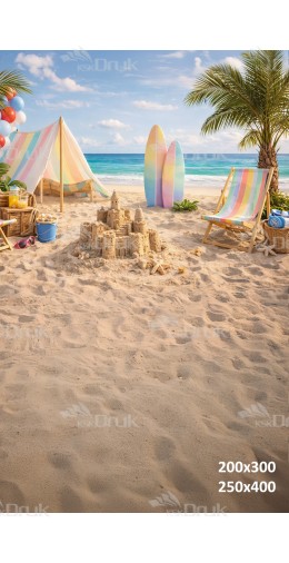Tło fotograficzne „Kolorowa plaża z zamkiem z piasku i pastelowym namiotem” | 4111